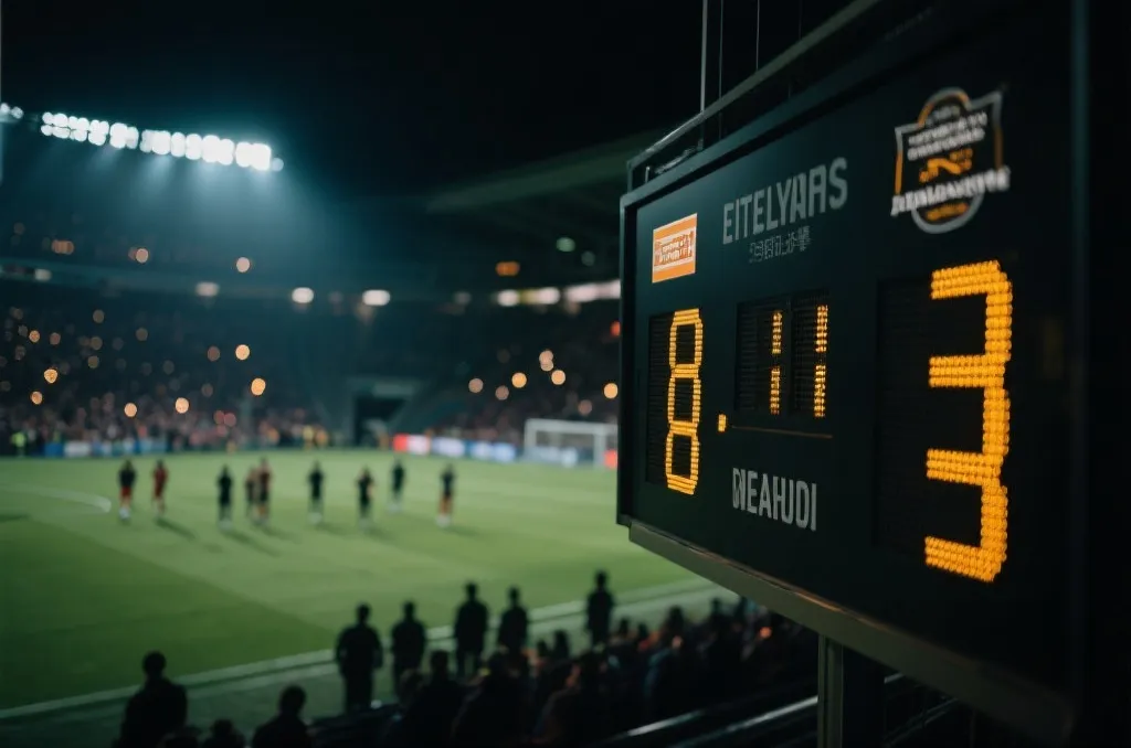 淘汰赛夜晚球场，比分牌与点球大战氛围的视觉占位图