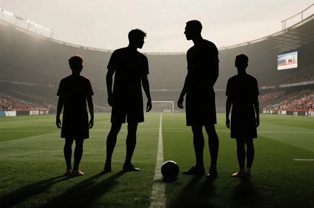 足球场上代际交接的新老球员剪影与未来感氛围
