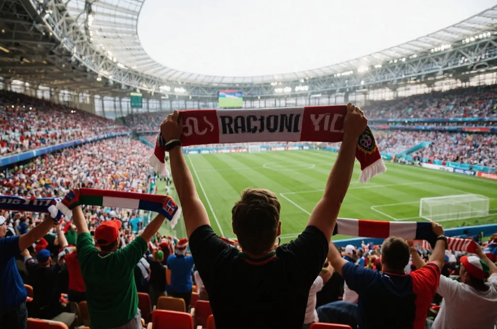 球迷在世界杯看台上举旗呐喊的现场氛围